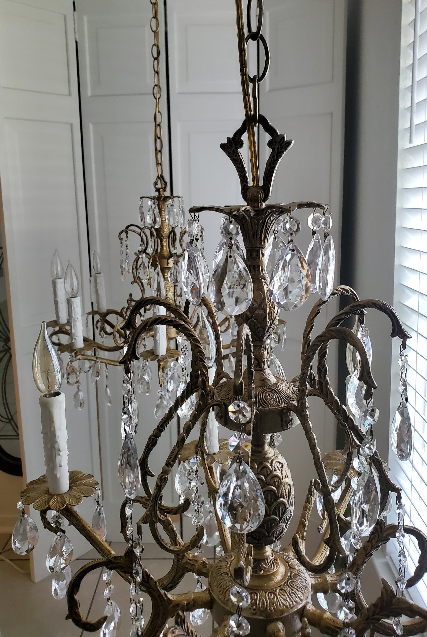 Crystal Chandelier 1950s Handpainted "Shabby Chic White" 8-light (FREE SHIPPING)