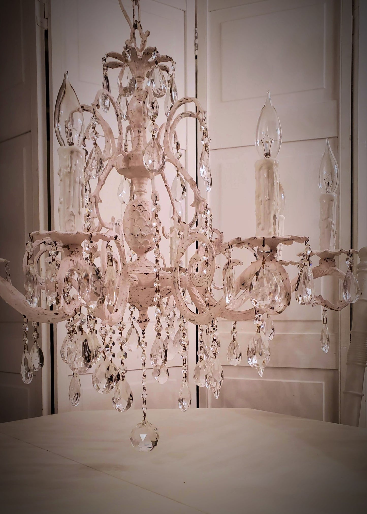 Crystal Chandelier 1950s Handpainted "Shabby Chic White" 8-light (FREE SHIPPING)